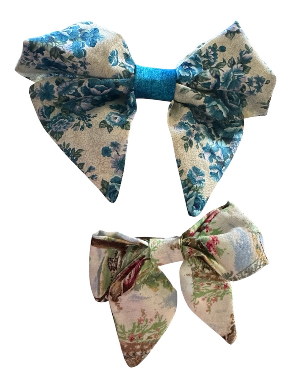 Hand Crafted Floral Fabric Hair Bows in Blue & Cream - Two Pack